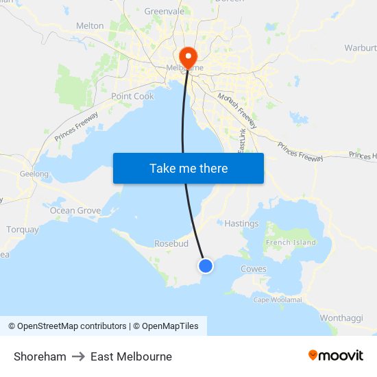 Shoreham to East Melbourne map