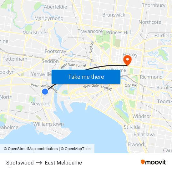 Spotswood to East Melbourne map