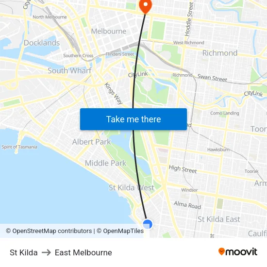 St Kilda to East Melbourne map