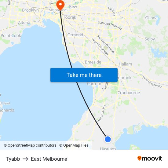 Tyabb to East Melbourne map