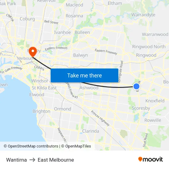 Wantirna to East Melbourne map