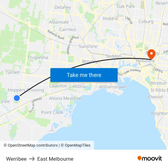 Werribee to East Melbourne map