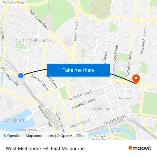 West Melbourne to East Melbourne map