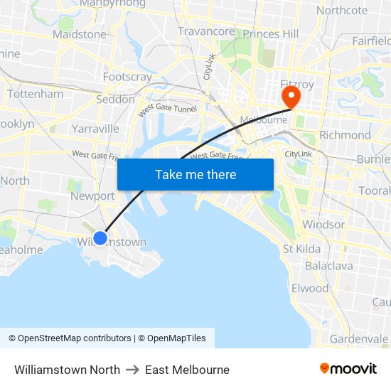 Williamstown North to East Melbourne map