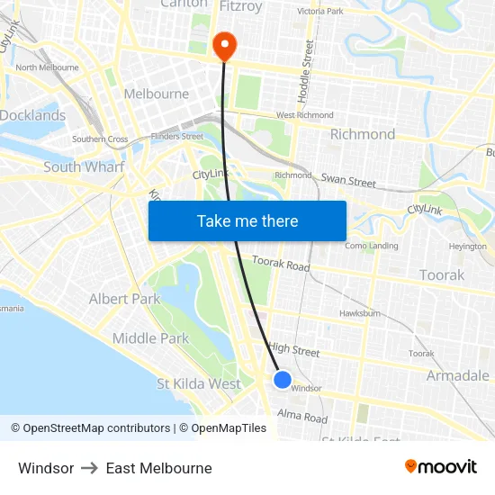 Windsor to East Melbourne map