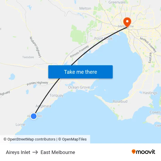 Aireys Inlet to East Melbourne map
