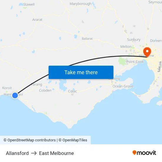 Allansford to East Melbourne map