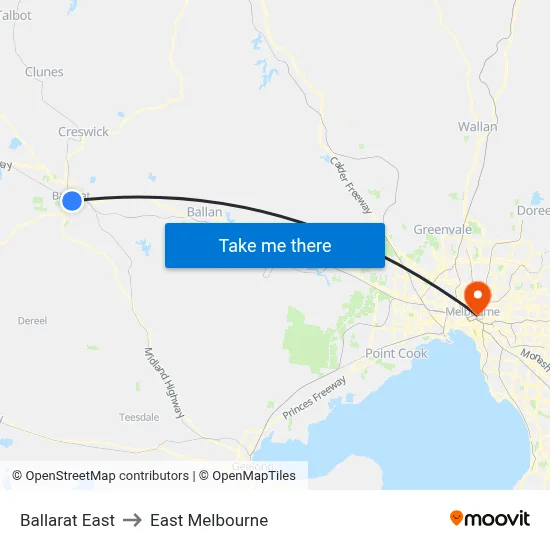 Ballarat East to East Melbourne map