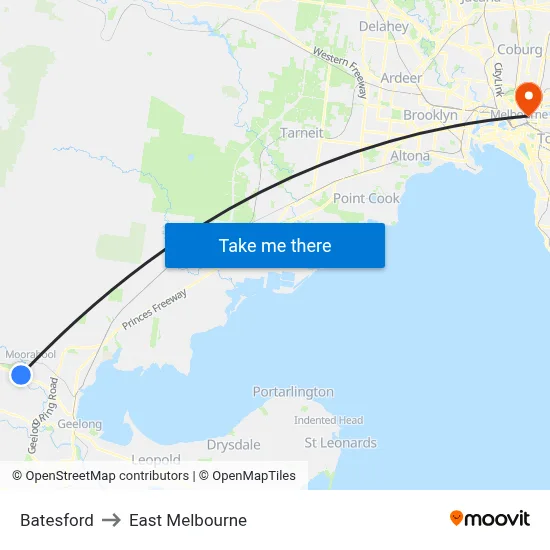 Batesford to East Melbourne map
