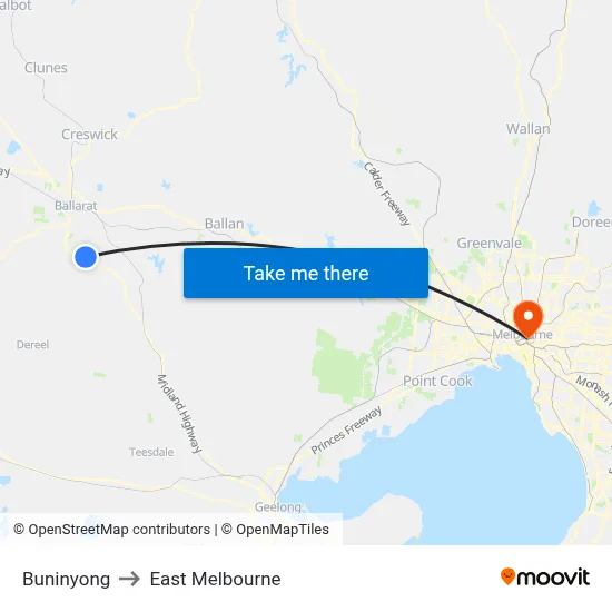 Buninyong to East Melbourne map