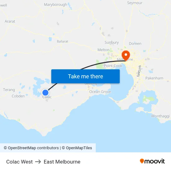 Colac West to East Melbourne map