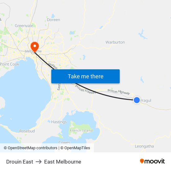 Drouin East to East Melbourne map