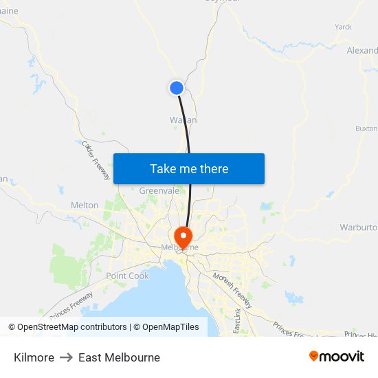 Kilmore to East Melbourne map