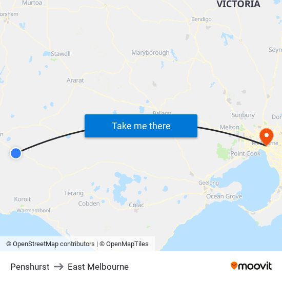 Penshurst to East Melbourne map