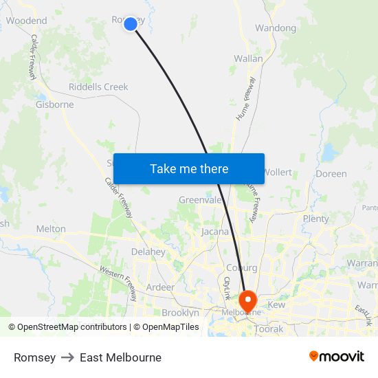 Romsey to East Melbourne map