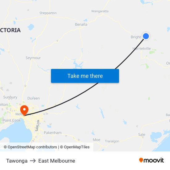 Tawonga to East Melbourne map