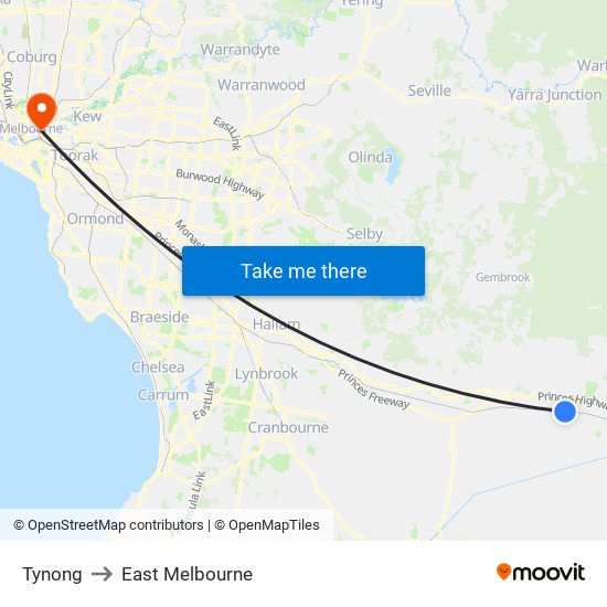 Tynong to East Melbourne map