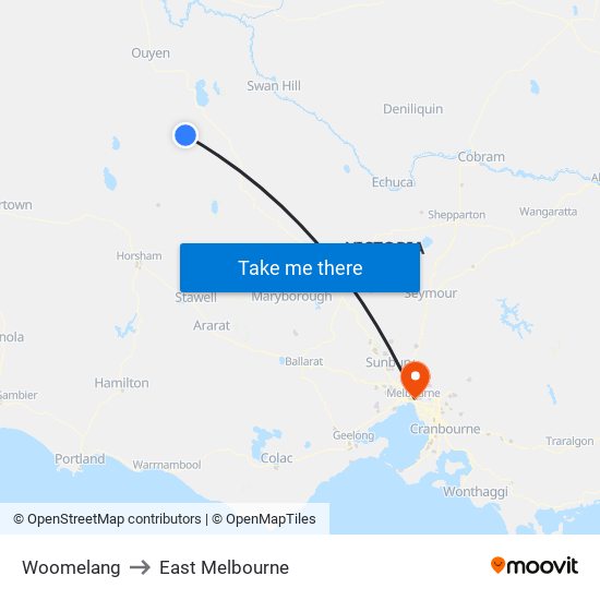 Woomelang to East Melbourne map