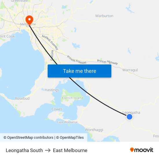 Leongatha South to East Melbourne map