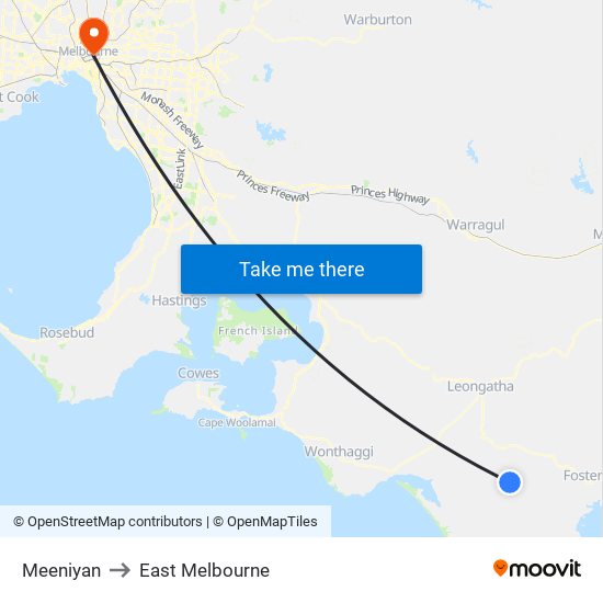 Meeniyan to East Melbourne map