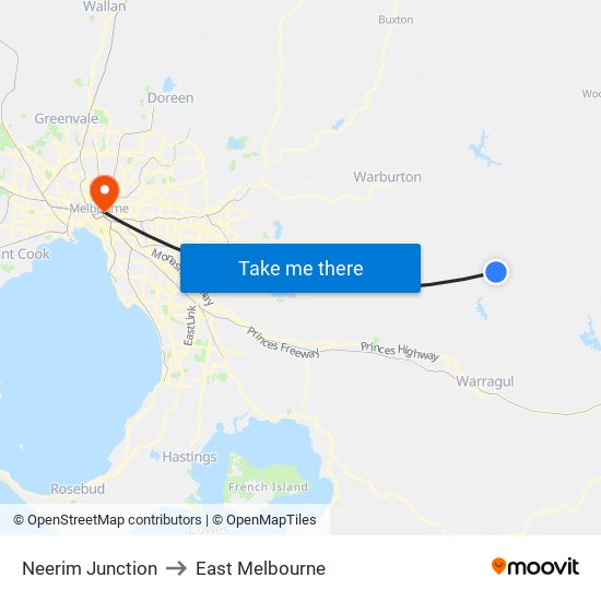 Neerim Junction to East Melbourne map