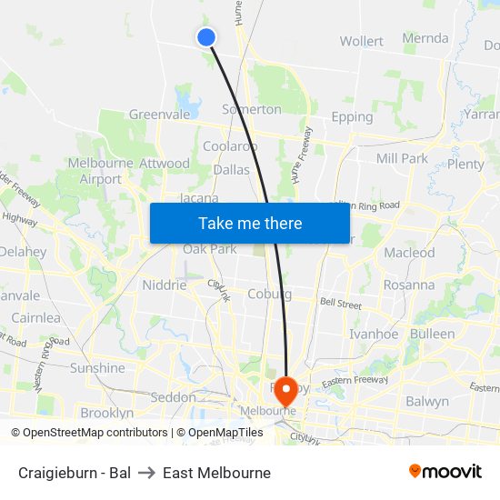 Craigieburn - Bal to East Melbourne map