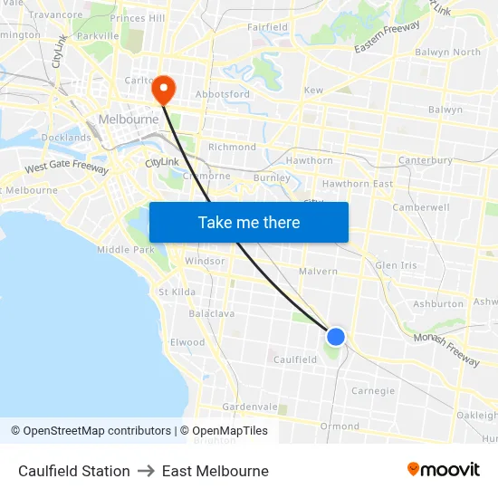 Caulfield Station to East Melbourne map