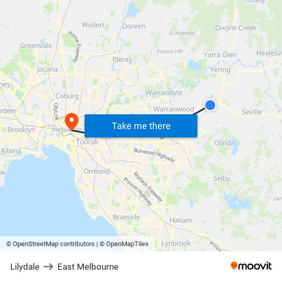 Lilydale to East Melbourne map