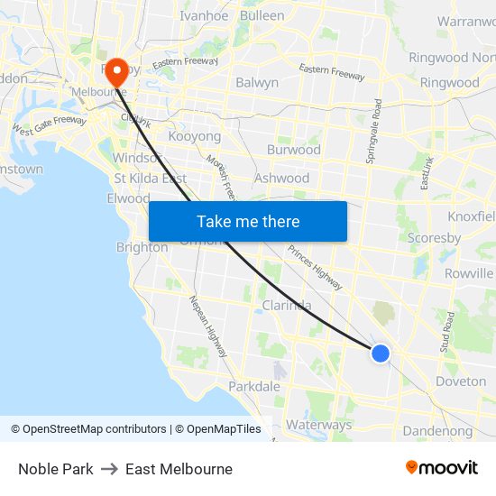 Noble Park to East Melbourne map