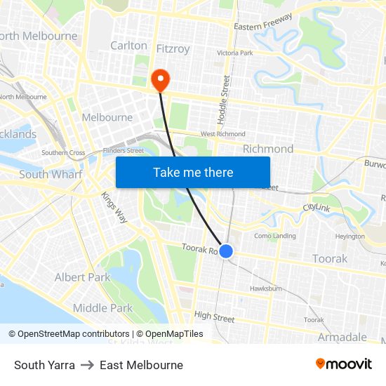 South Yarra to East Melbourne map