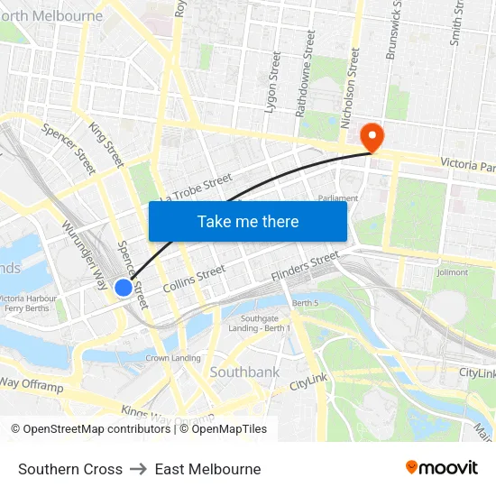 Southern Cross to East Melbourne map