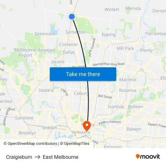 Craigieburn to East Melbourne map