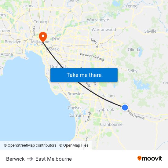 Berwick to East Melbourne map