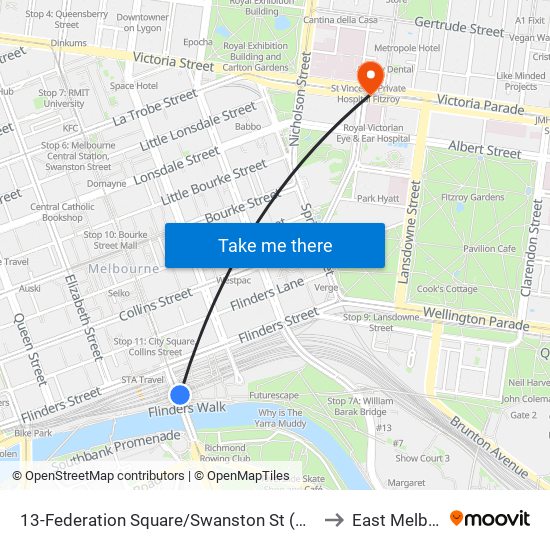 13-Federation Square/Swanston St (Melbourne City) to East Melbourne map
