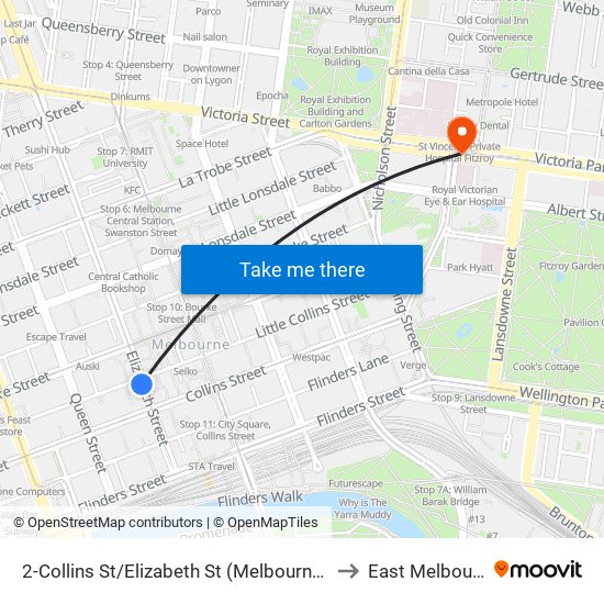 2-Collins St/Elizabeth St (Melbourne City) to East Melbourne map