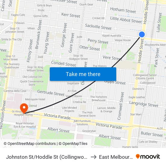 Johnston St/Hoddle St (Collingwood) to East Melbourne map