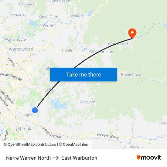 Narre Warren North to East Warburton map