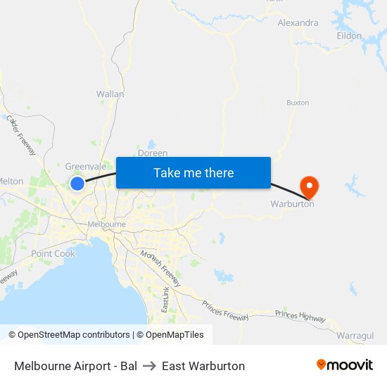 Melbourne Airport - Bal to East Warburton map