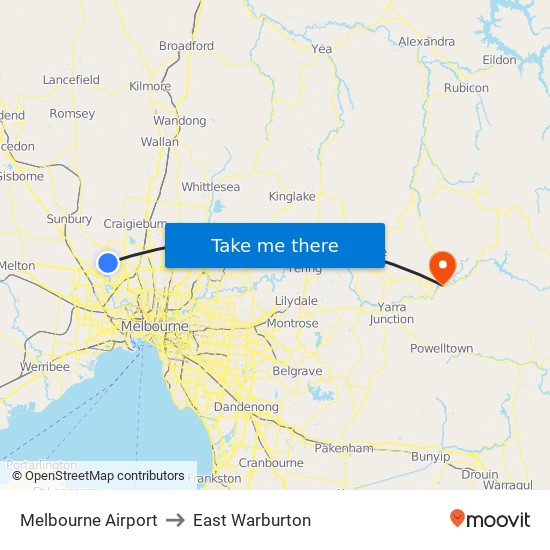 Melbourne Airport to East Warburton map