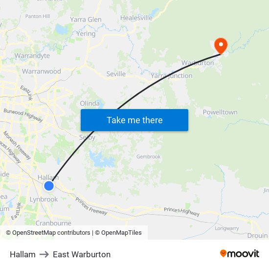 Hallam to East Warburton map