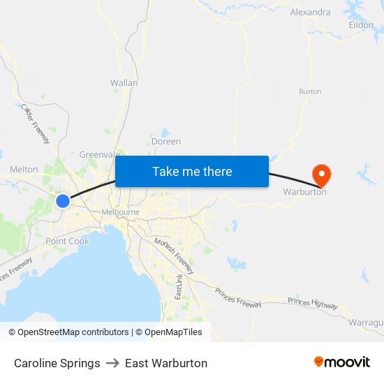 Caroline Springs to East Warburton map