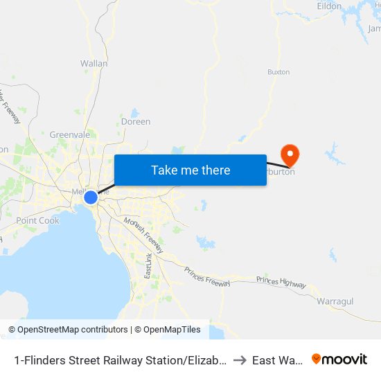 1-Flinders Street Railway Station/Elizabeth St (Melbourne City) to East Warburton map