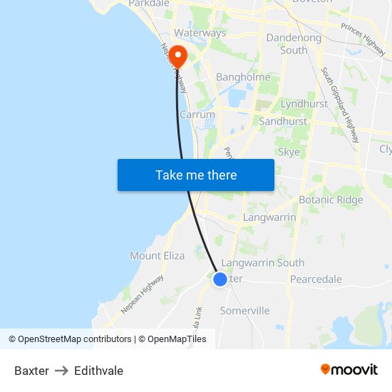Baxter to Edithvale map