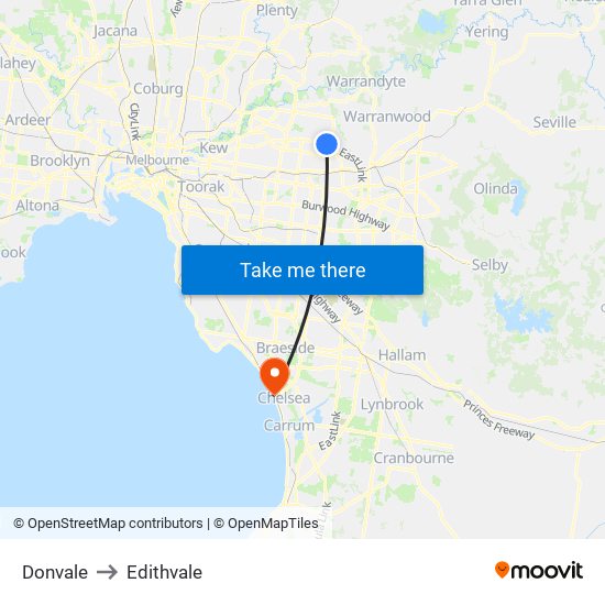 Donvale to Edithvale map