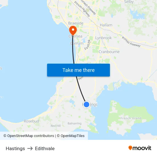 Hastings to Edithvale map