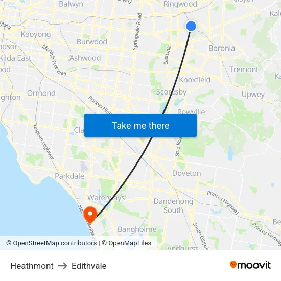 Heathmont to Edithvale map