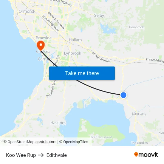 Koo Wee Rup to Edithvale map