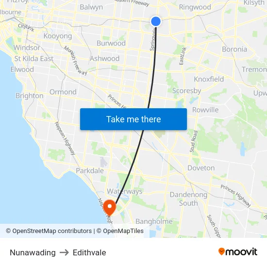 Nunawading to Edithvale map