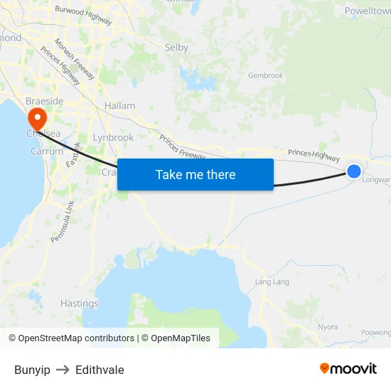Bunyip to Edithvale map