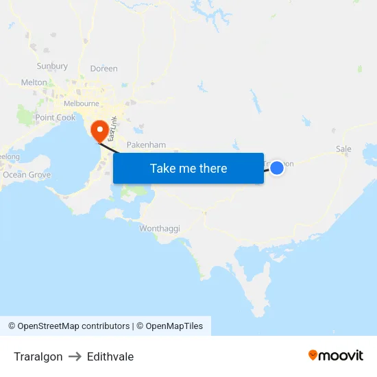 Traralgon to Edithvale map